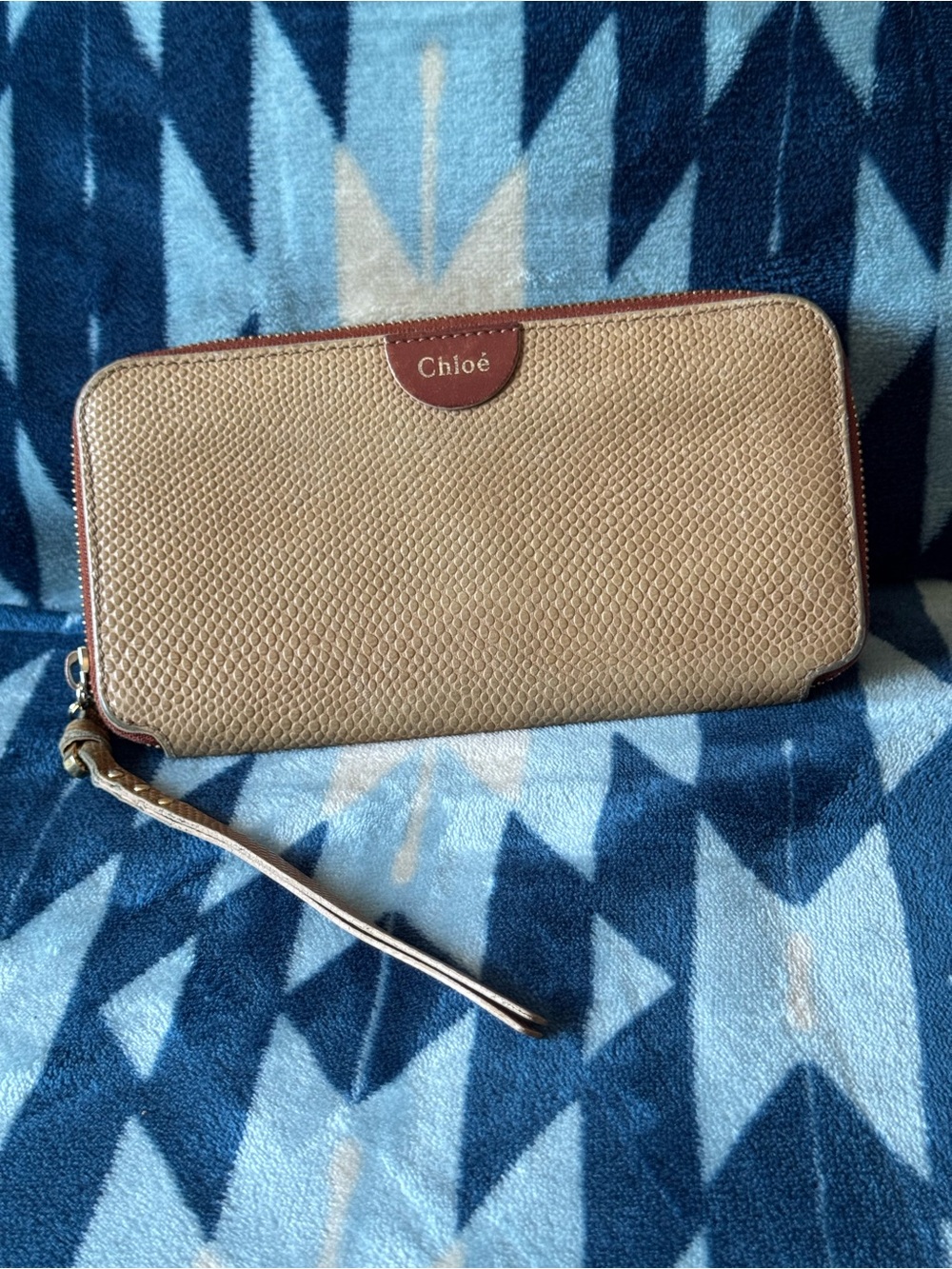 Chloé Beige Textured Zip Wallet with Brown Trim